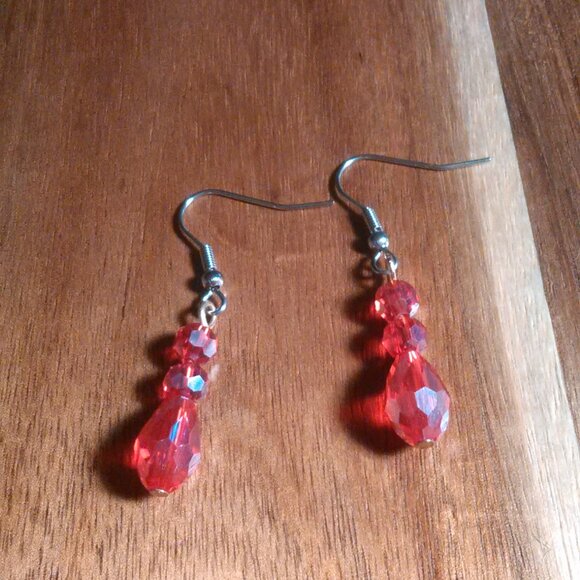 Beveled Red Glass Three Stone Silvertone and Stainless Steel Dangle Earrings - Picture 8 of 11